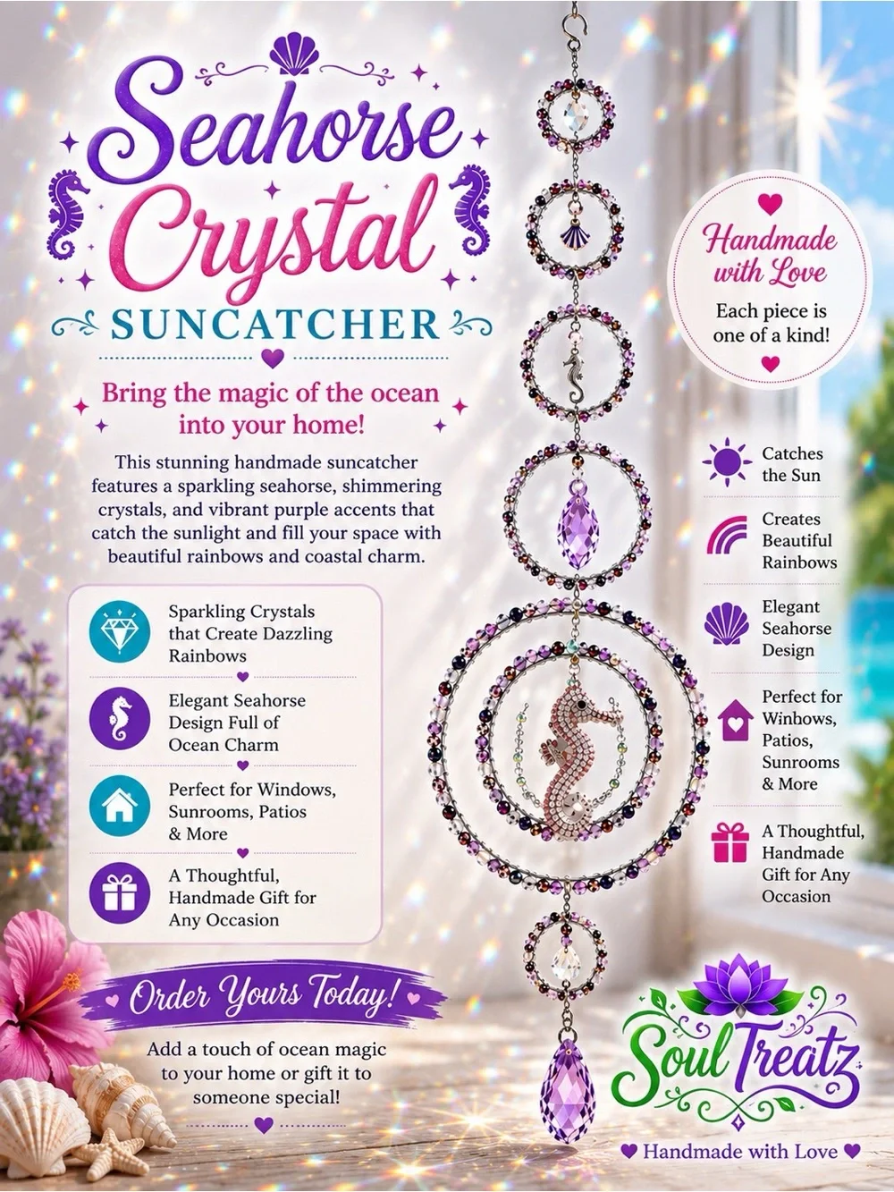Seahorse Crystal Sun Catcher - Purple & Silver Hanging Ornament